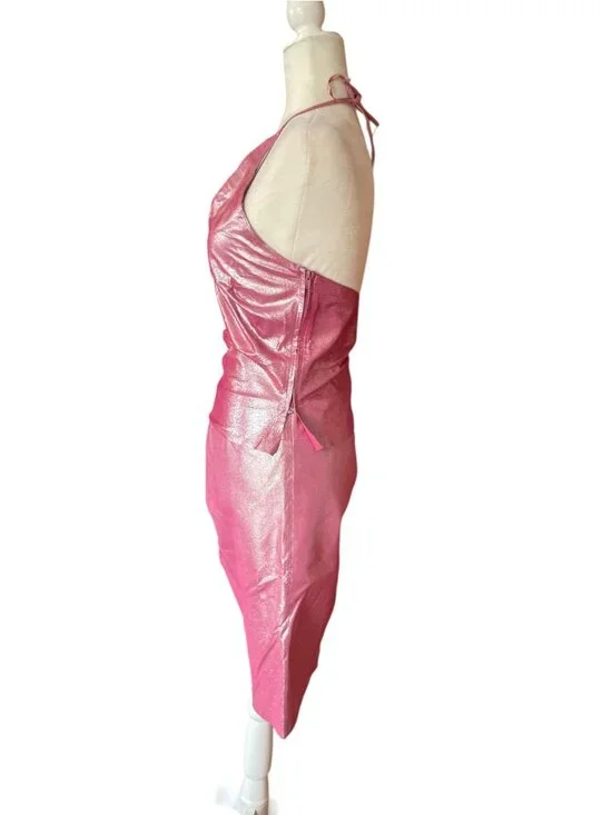 Rare Vintage Y2K Express Hot Pink 100% Leather Halter Top Skirt Set Sz XS Fest - Picture 4 of 16
